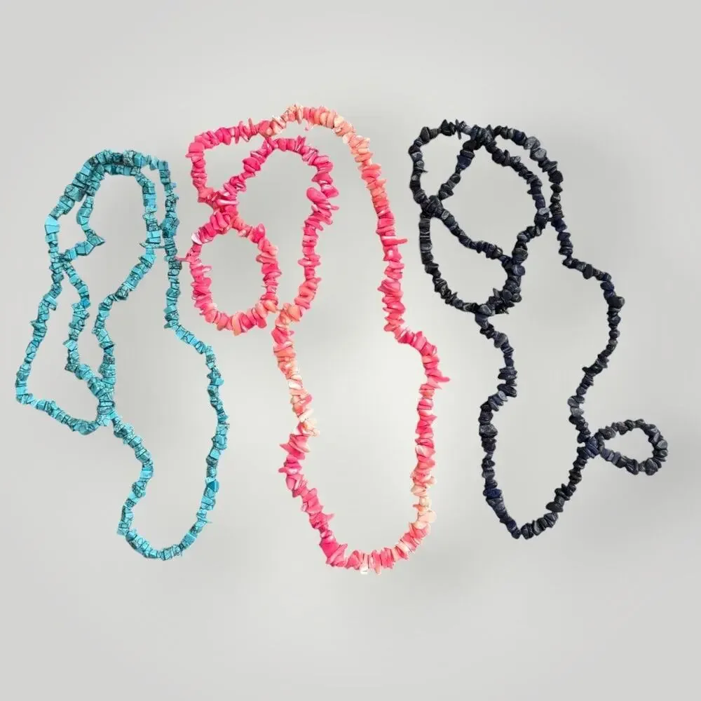 Natural Stone Chip Bead Necklace Set 34” Turquoise Coral Sodalite Boho Style